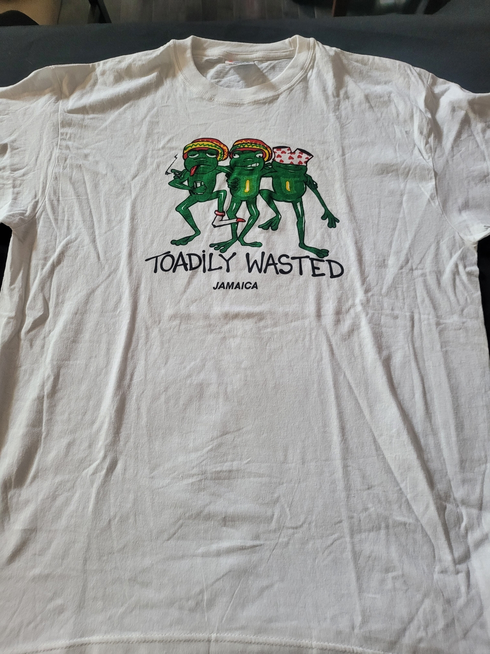 Vintage Toadily Wasted Jamaica Graphic Tee - White with Green Frogs